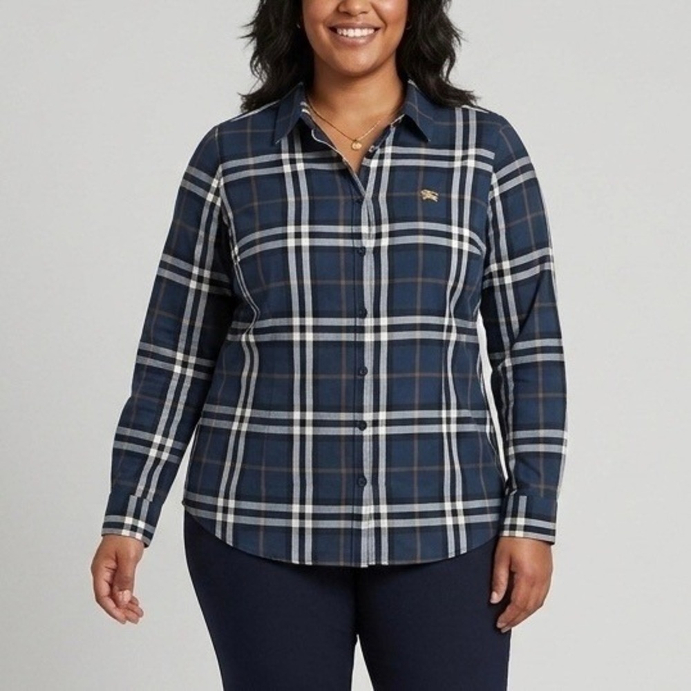Burberry London Navy Blue Plaid Cotton Button Down Shirt Gold Logo Size XXL